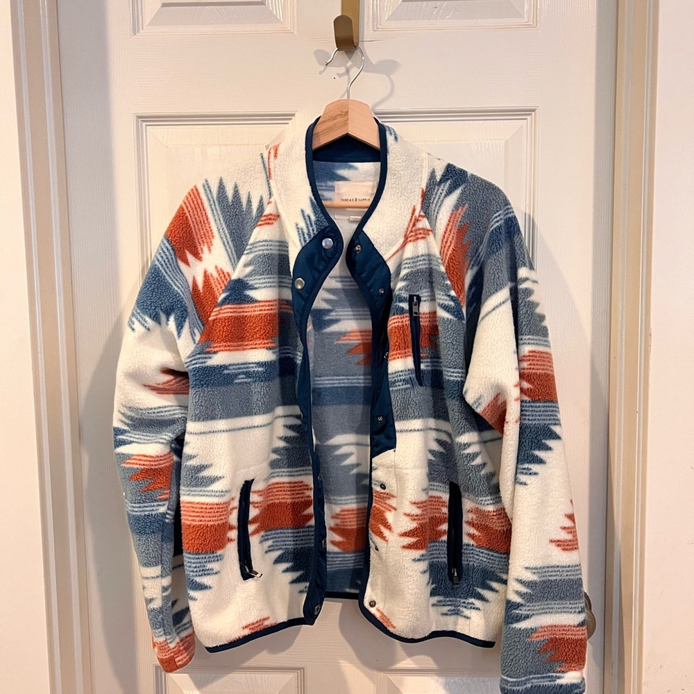 Thread & Supply Cream Fleece Jacket with Blue Trim and Pattern